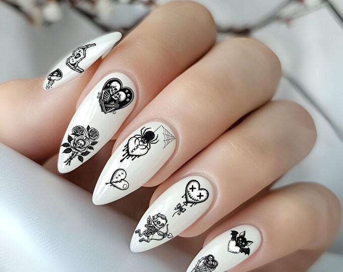 Gothic Valentine's Day Nail Stickers, Water Slide Nail Decals, Black and White Nail Art