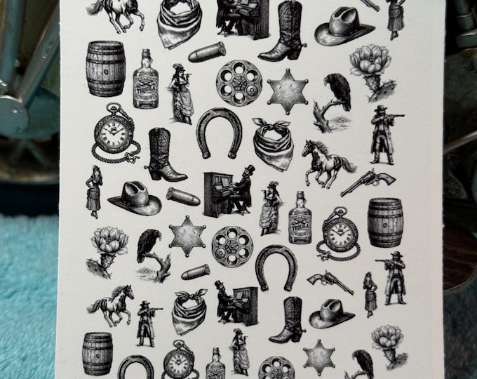 Wild West Water Slide Nail Stickers, Water Slide Stickers for Nails, Cowboy, Salon, Revolver, Cattle Rancher