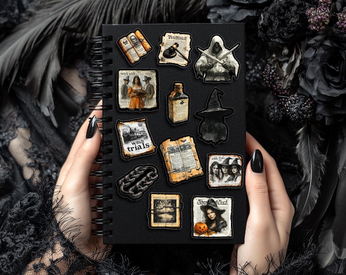 Mini Witch Sticker Set, Newspaper Style, Retro Design, Gothic Stickers, Halloween Stickers, 3–4 cm