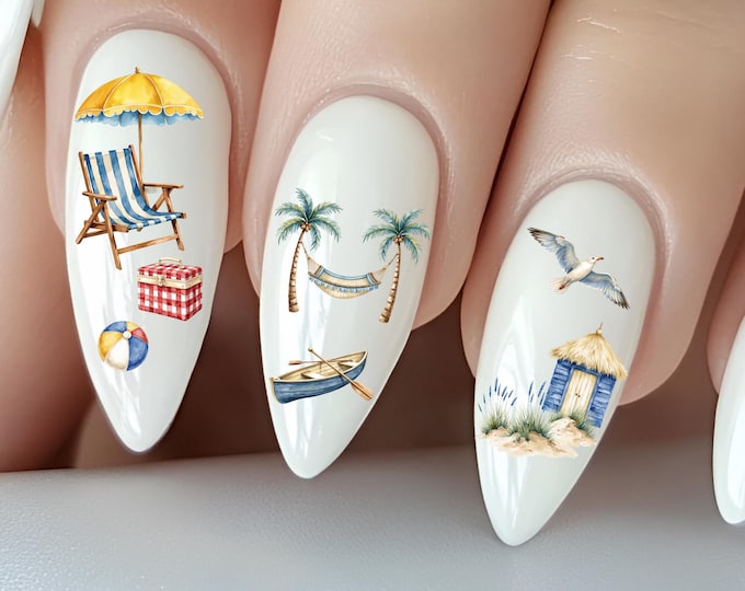 Summer Beach Water Nail Stickers – Water Decals for Nails – Beach Party, Palm Trees, Tropical, Ocean & Shells