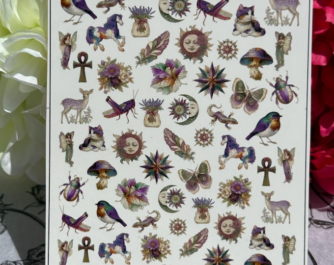 Fantasy water-slide nail decals, mixed nail art stickers (elf, mushroom, leaf, deer, sun, moon)