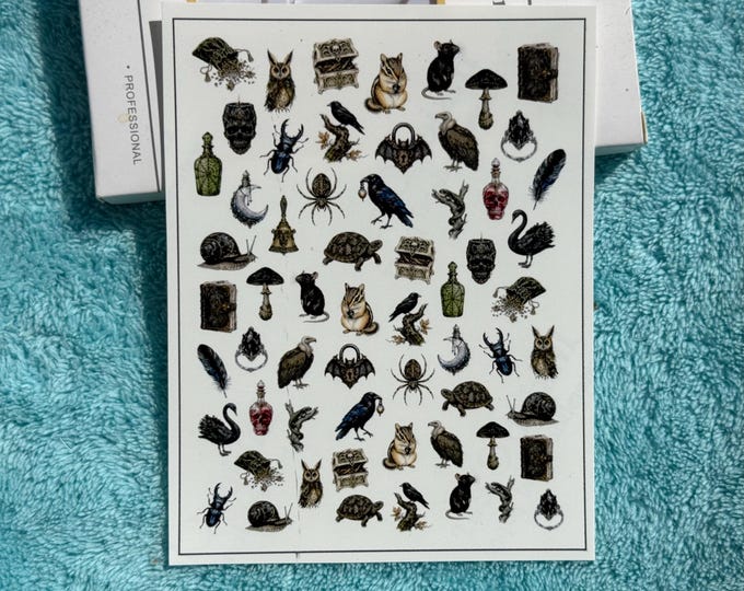 Gothic Fantasy Water Nail Stickers, Water-Slide Decals, Nail Art Stickers (Turtle, Mushroom, Spider)