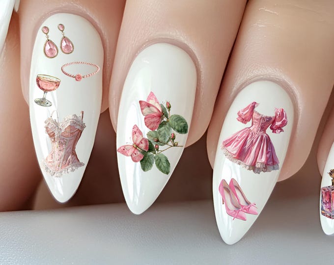 Vintage Lifestyle Water Slide Nail Stickers, Holiday Nail Stickers, Cottagecore, Cozy Pink