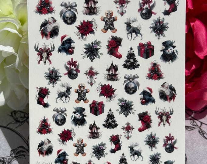Dark Gothic Christmas Nail Art Water-Slide Decals; Nail Stickers Featuring a Raven with a Santa Hat, Snowman, and Gingerbread Man