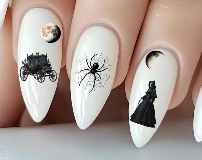 Gothic Halloween Water Nail Stickers, Water Decals for Nails, Spooky Vintage Style, Raven, Spiderweb, Eye