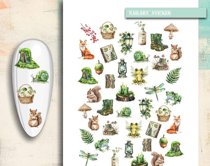 Magic Forest & Autumn Nail Art, Nature - Waterslide Nail Decals, Frog, Squirrel, Mushroom, Fox