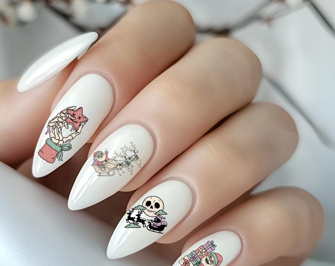 Christmas Gothic Nail Art Waterslide Decals, Horror Christmas Nails, Merry Christmas Winter Fingernails