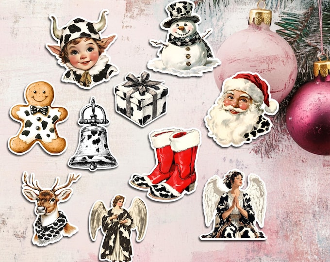 10 Mini or Medium Vinyl Christmas Stickers SET, Waterproof Christmas Stickers, Retro Design