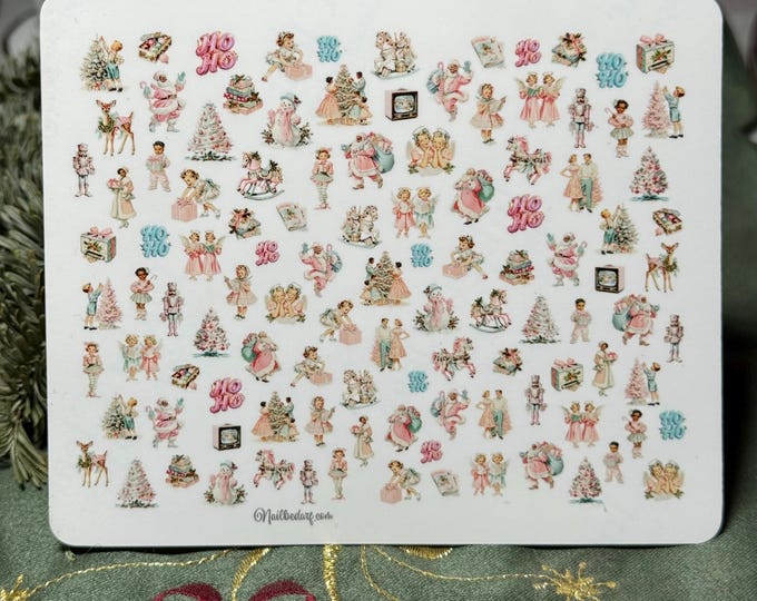 XXL Vintage Pink Christmas Nail Stickers Pack, Waterslide Decals, Festive Nail Art Tattoos