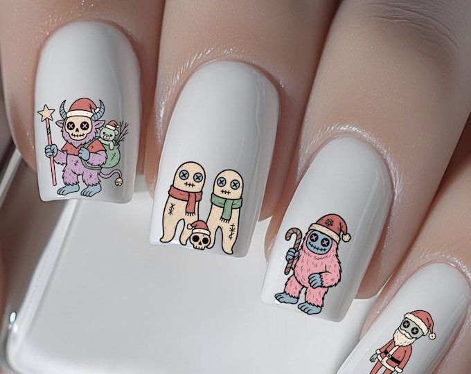 Gothic Nail Art Water Decals, Christmas Bigfoot Yeti Alien Krampus Water Slide Nail Decals