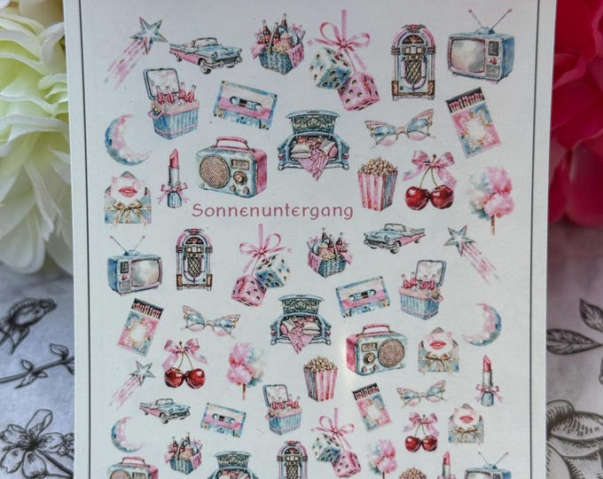 Sunset Drive-In Nail Art Water-Slide Decals, Retro Summer Car-Themed Nail Stickers