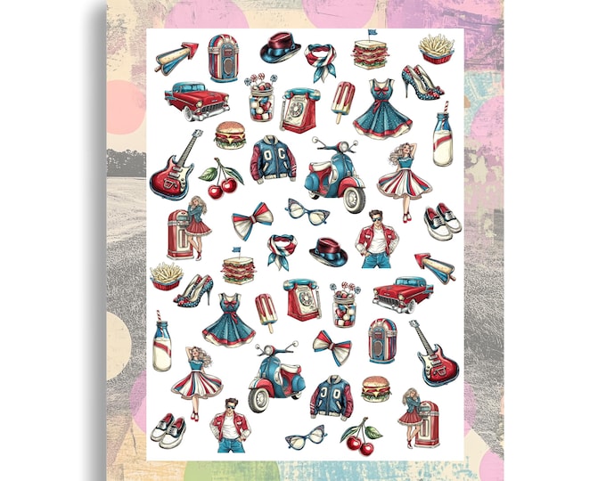 Vintage Diner Sock Hop Party Nail Stickers - Waterslide Nail Decals - Nail Art Retro Jukebox, Milkshake