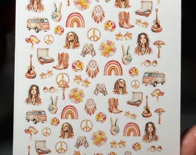 2D Boho Hippie Water Slide Nail Stickers, 70s Retro Nail Art Stickers