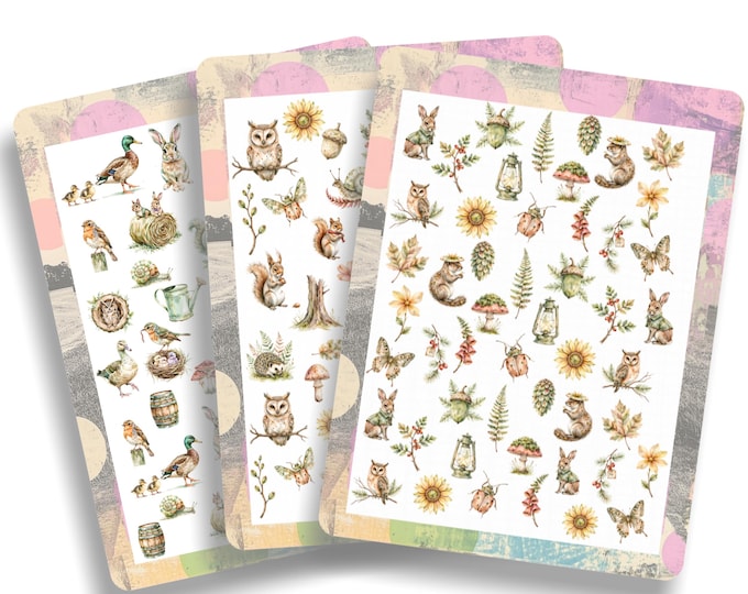 Nature-themed nail stickers - Water-based nail decals - Woodland animal nail art featuring flowers, butterflies, mushrooms, and owls Autumn