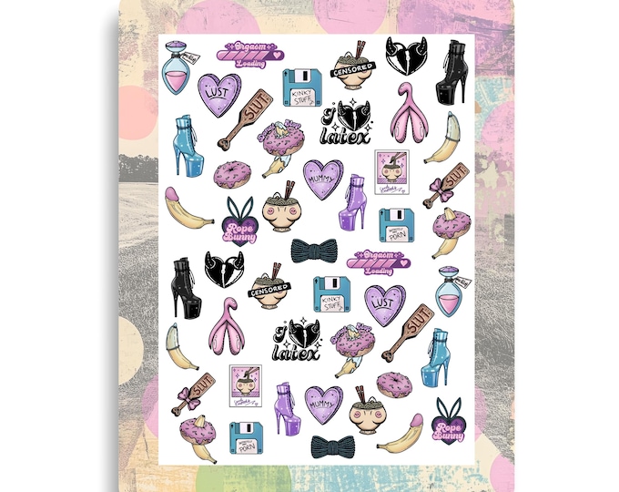 Nail stickers, nail tattoos, nail art, waterslide decals, creepy, sex, slut, cute