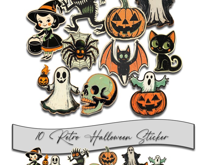 Halloween Stickers / Retro Halloween Stickers / Decals: Halloween, Ghost, Pumpkin, Bat, Spider in a Spider Web