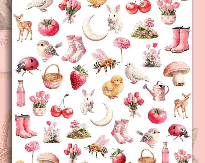 Spring Water Slide Nail Stickers, Nail Stickers with Tulips, Strawberries, Cherries, Mushrooms, and Rabbits