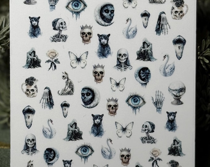 Gothic Fantasy Nail Stickers, Water Slide Decals for Nails, Enchanted World, Skulls, Halloween
