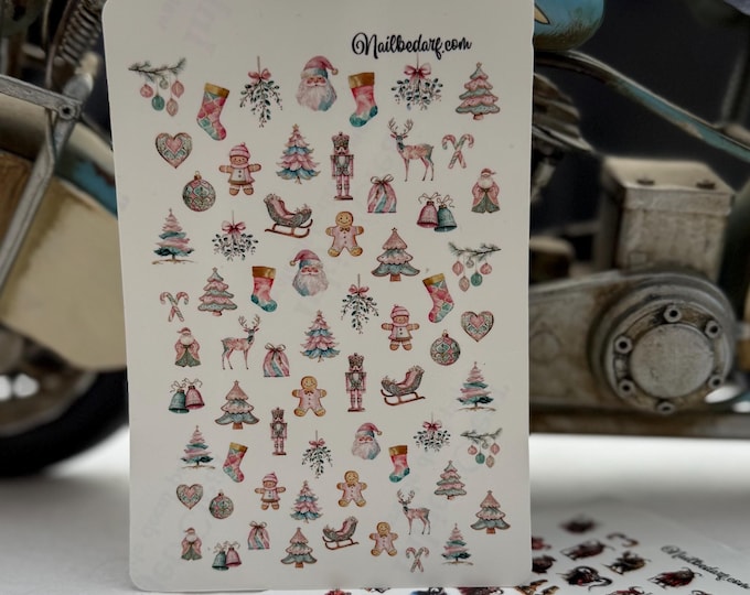 Coquettish Christmas nail stickers - waterslide nails - Pink nutcracker, retro vintage Christmas, Scandinavian style