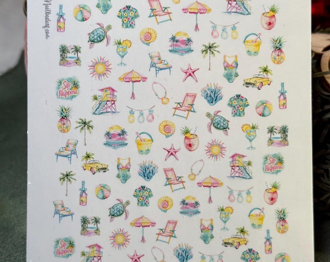 Retro Summer vacation nail stickers, nail art, waterslide decals, summer holiday, palm tree, beach, sea, sun