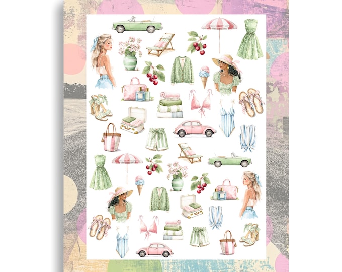 Summer vacation nail stickers - waterslide nail decals - nail art pastel fashion, beach vacation