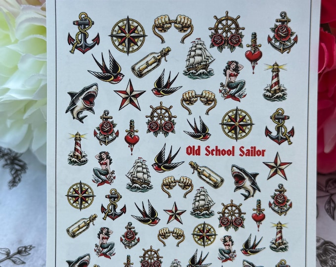 Old School Sailor Nail Art Water-Slide Decals – Maritime Tattoo Designs (Vintage Anchors, Swallows, Ships)