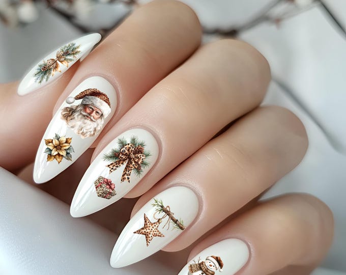 Christmas nail stickers / water nail decals / leopard vintage winter Christmas watercolor