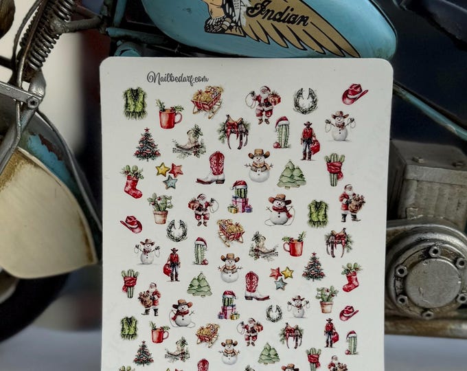 Christmas Country Nail Stickers - Waterslide Nail Decals - Nail Art Christmas Cowboy, Wild West