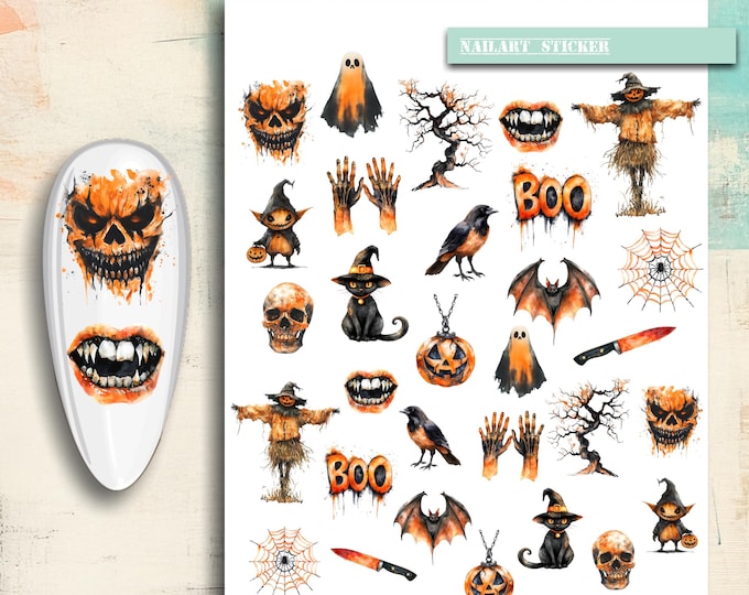 Nail Stickers / Halloween / Water Nail Decals / Spooky / Nail Art / Ghost / Pumpkin / Bat / Spider Web