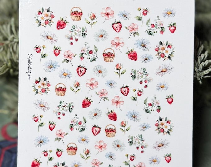 Strawberry nail stickers, waterslide decals, nail art, nail design, strawberry bush, berry
