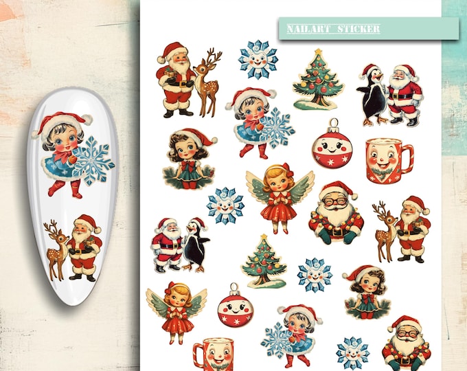 Nail art stickers Christmas, antique Christmas, elf, gnome, Christmas tree, poinsettia, winter, nail stickers, nail tattoo