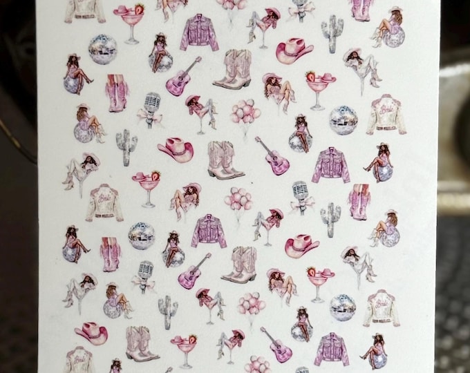 Disco Cowgirl Water Slide Nail Stickers - Balloons, Soft Pink and Silver, Cowgirl Hat, Disco Ball