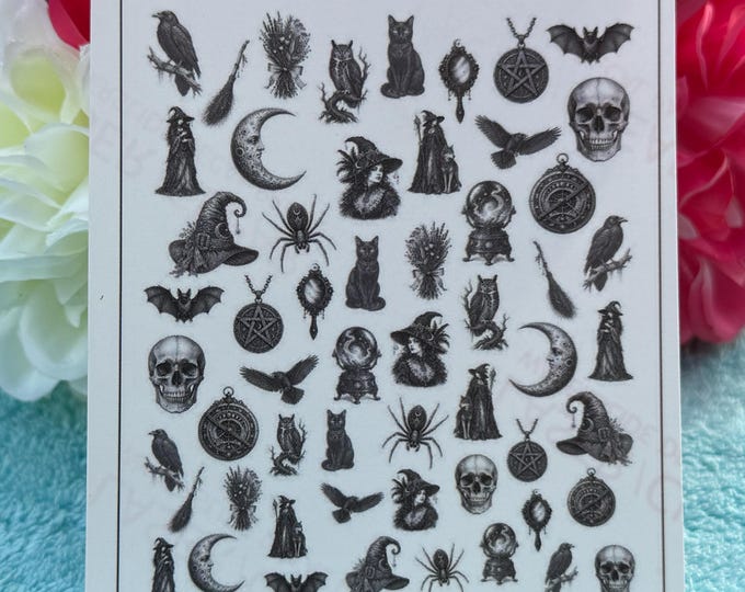 Vintage Witchcraft Nail Decals, Halloween Nails, Spooky Nail Art, Water-Slide Decals, Nail Stickers, Gothic Occult Witchy Designs