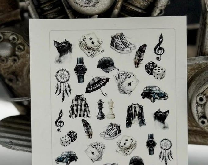 Leisure nail stickers, water-based nail decals, black nail art, dream catcher, feather, musical note, dice