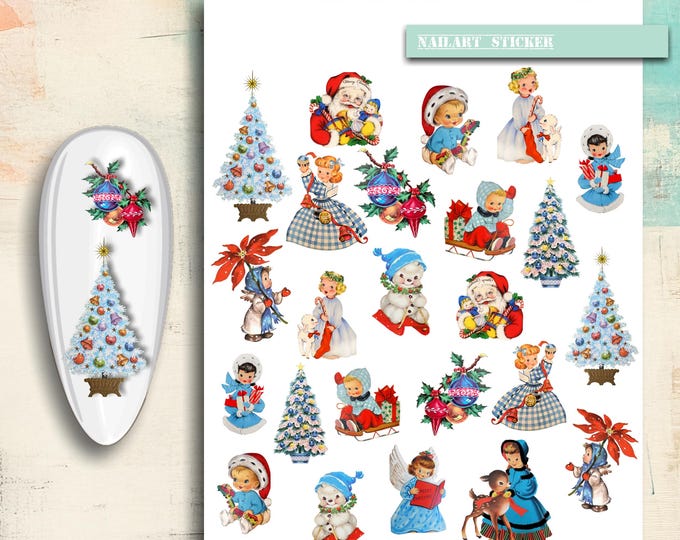 Nail art Christmas, nail stickers vintage Christmas angels, Christmas children, Christmas tree