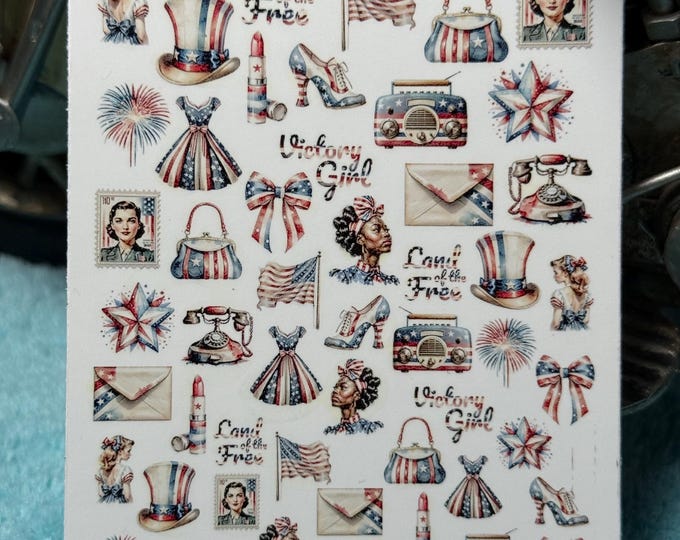 July 4th, 1940s Nail Art Water Slide Stickers for Nails, Patriotic Retro Pin-Up Girl Vintage Holiday Nail Stickers, Retro USA
