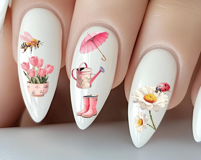 Spring Water Slide Nail Stickers, Nail Stickers with Tulips, Strawberries, Cherries, Mushrooms, and Rabbits