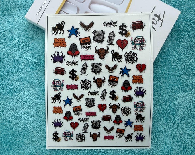 Graffiti Street Art Nail Decals, Y2K Streetwear Nail Art, Colorful Designs, Water-Slide Decals, Dripping Spray Paint Style