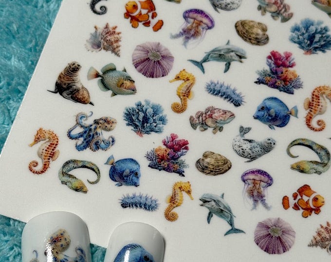 Sea Creatures Water Nail Stickers, Water Slide Decals, Nail Art Stickers Octopus, Dolphins, Seahorse