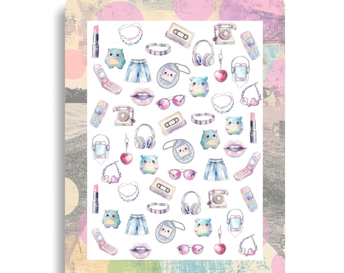 Y2K Pastel Nail Stickers - Waterslide Nail Decals - Millennial Style, Design Elements, Watercolor, Flip Phone