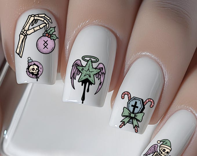 Gothic Christmas nail art water decals, creepy Krampus skull water nail stickers, nail waterslide decals