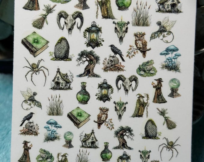 Witchcraft Nail Art Water Slide Stickers for Nails, Nail Stickers Witch, Witchcraft, Mushroom, Spider, Raven, Green