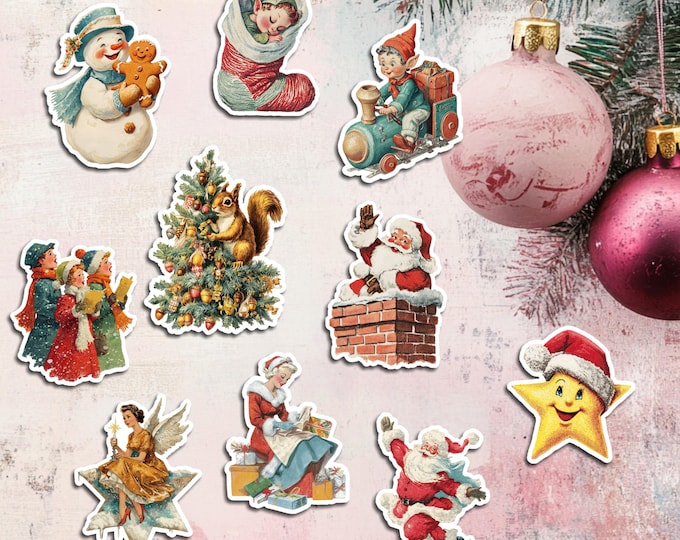 10 Mini Mid-Century Modern Style Christmas Stickers, 1940s-1960s Waterproof Retro Stickers