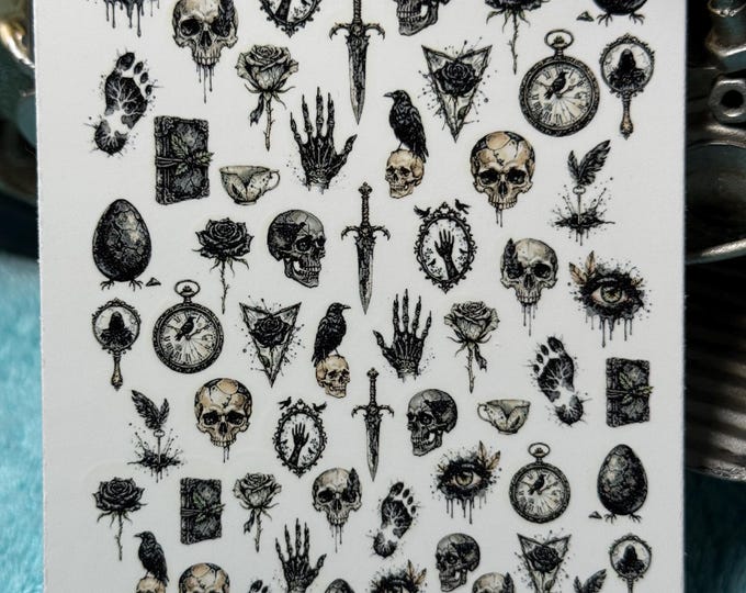 Dark Gothic Nail Art Water Slide Stickers for Nails, Skull, Rose, Feather Nail Stickers