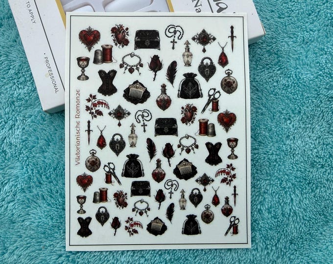 Victorian Gothic Romance Water-Slide Nail Art Decals, Crimson Rose Nails, Dark Romantic Style
