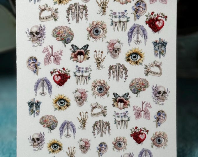 Floral Anatomy Water Slide Nail Stickers, Skull with Roses, Flowers, Vines, Leaves, Eye, Ear, Hand