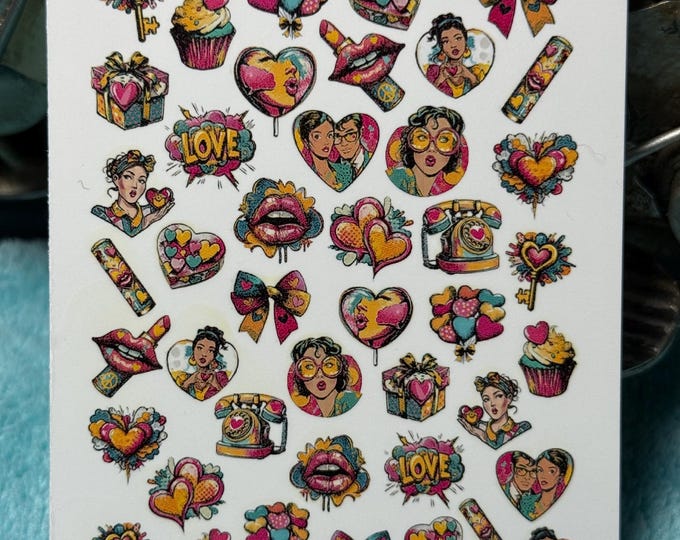 Pop Art Valentine's Day Nail Art Water Slide Stickers for Nails, Retro Pop Art Nail Stickers
