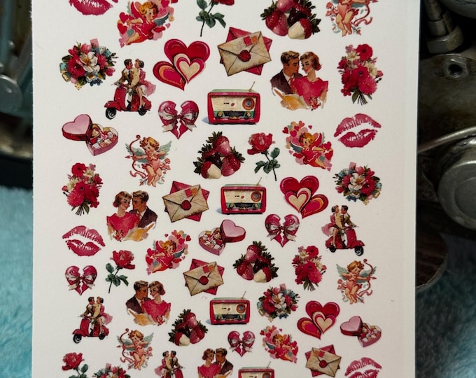Valentine's Day Water Slide Nail Stickers - Water Slide Stickers - Nail Art - Water Nail Stickers - Vintage Lips, Hearts, Flowers