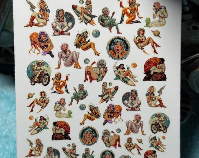 Vintage space girl nail art water slide stickers for nails, retro sci-fi space astronaut pin-up nail stickers