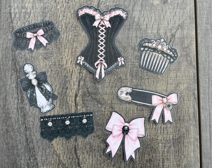 Coquette Goth stickers, pastel bow stickers, self-adhesive black lace, dark love